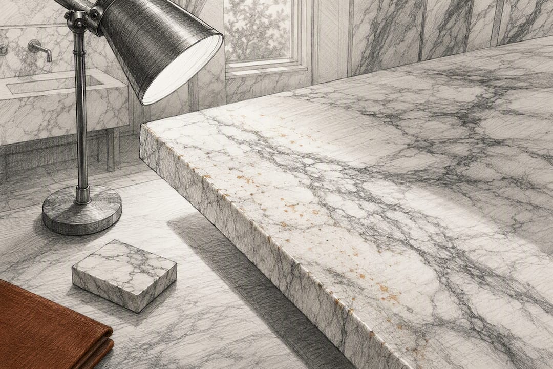 Angled light reveals iron flecks in marble