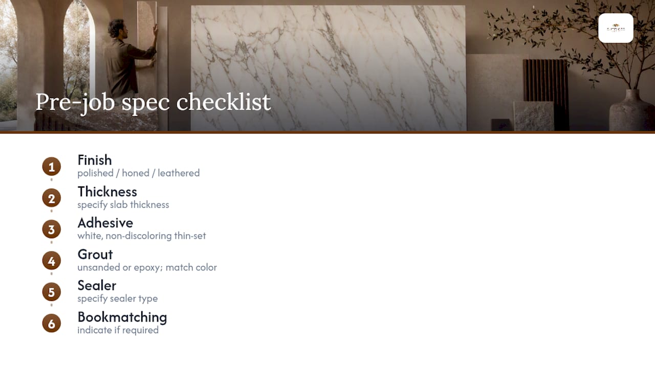 Six-field marble specification checklist diagram