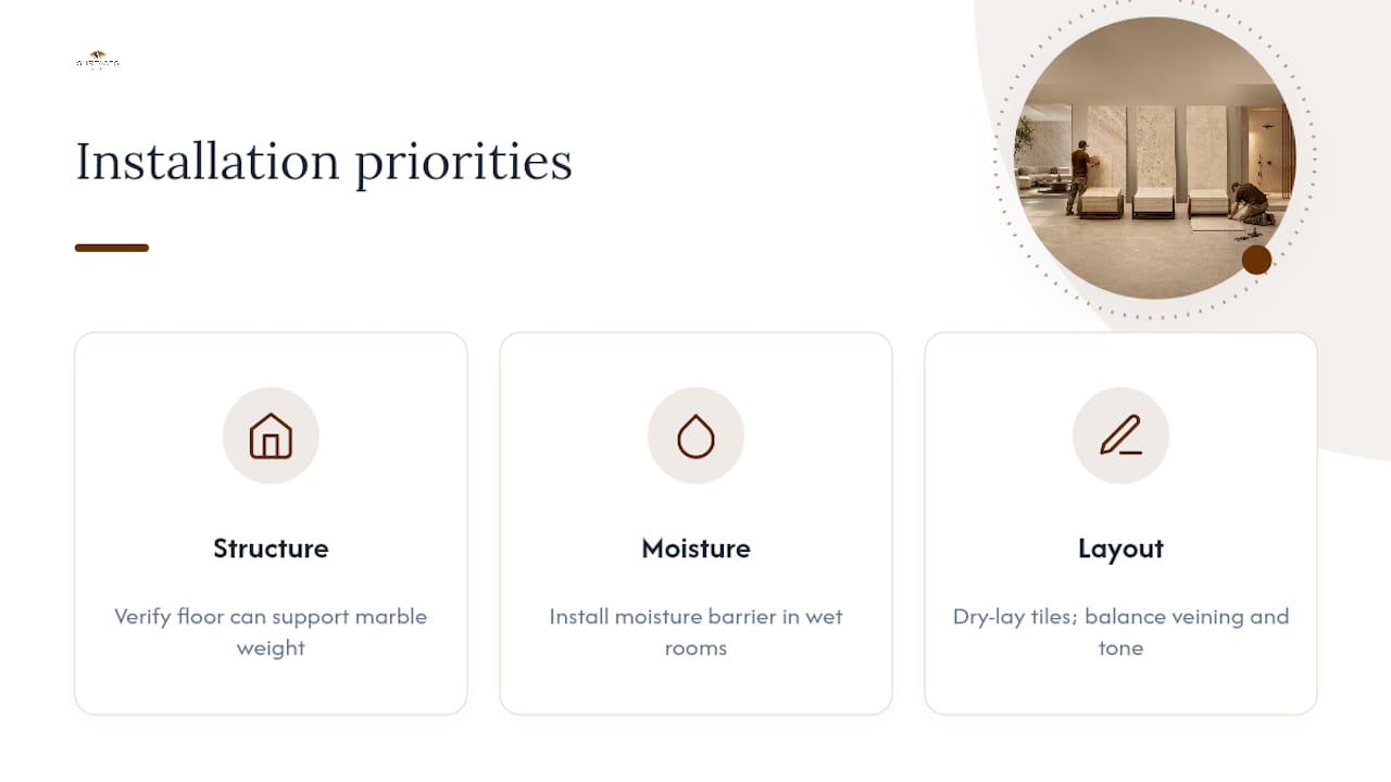 Three beige marble installation priorities