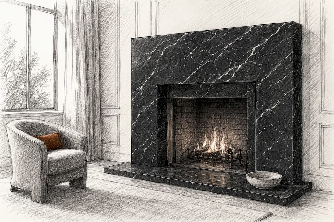 Black marble fireplace in elegant living room