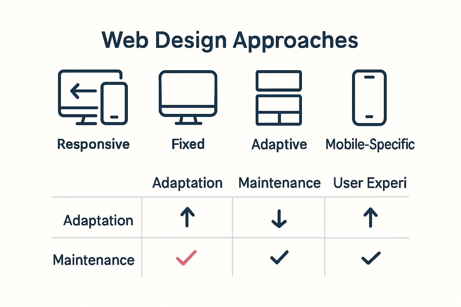 Infographic comparing responsive, fixed, adaptive, and mobile-specific websites.