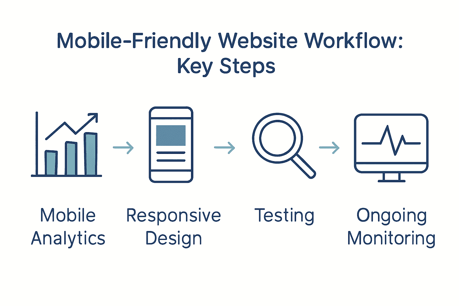 Mobile website workflow process infographic with icons and arrows