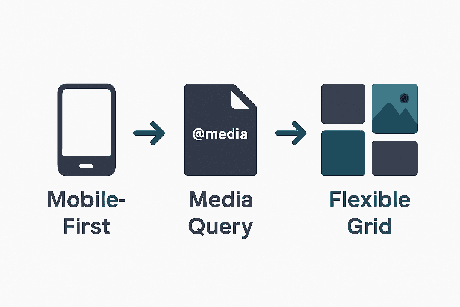 Infographic showing mobile-first, media queries, flexible grids sequence