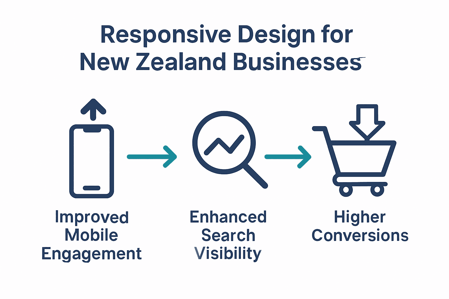 Infographic showing three business benefits of responsive design: mobile engagement, search visibility, conversions.