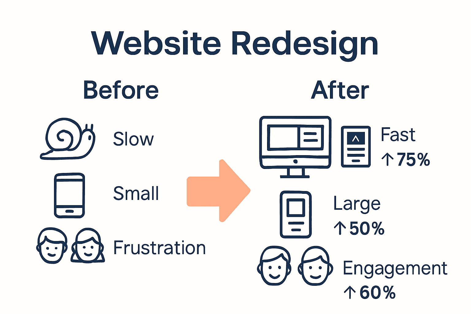 Infographic showing website metrics before and after redesign