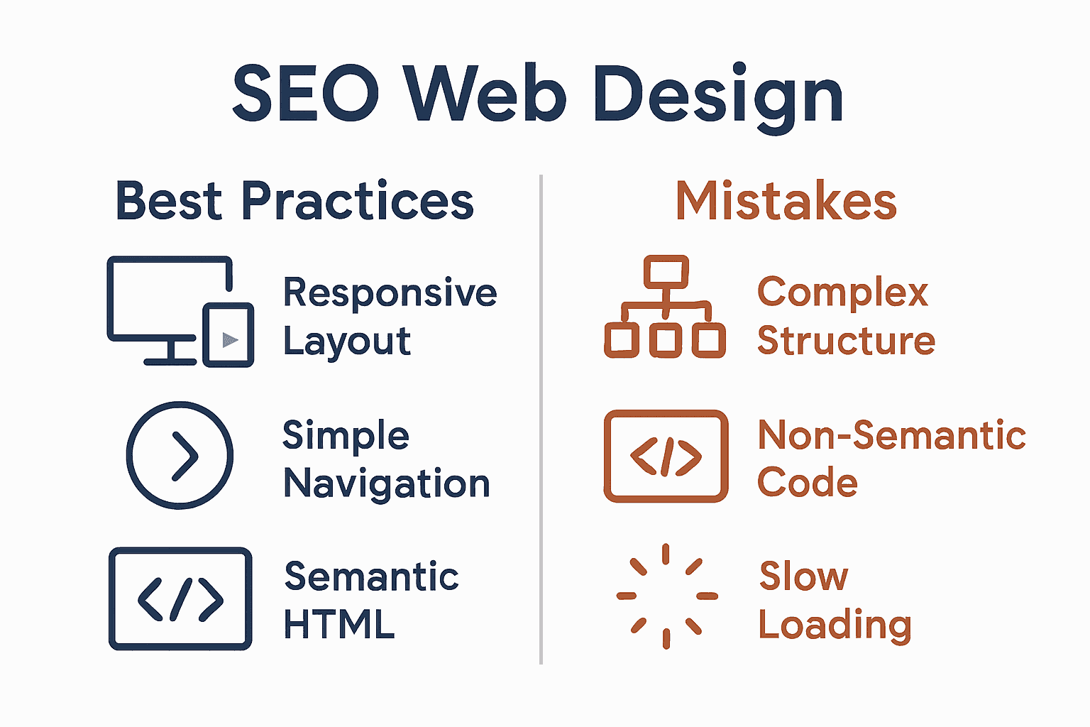 Infographic comparing web design SEO best practices and mistakes