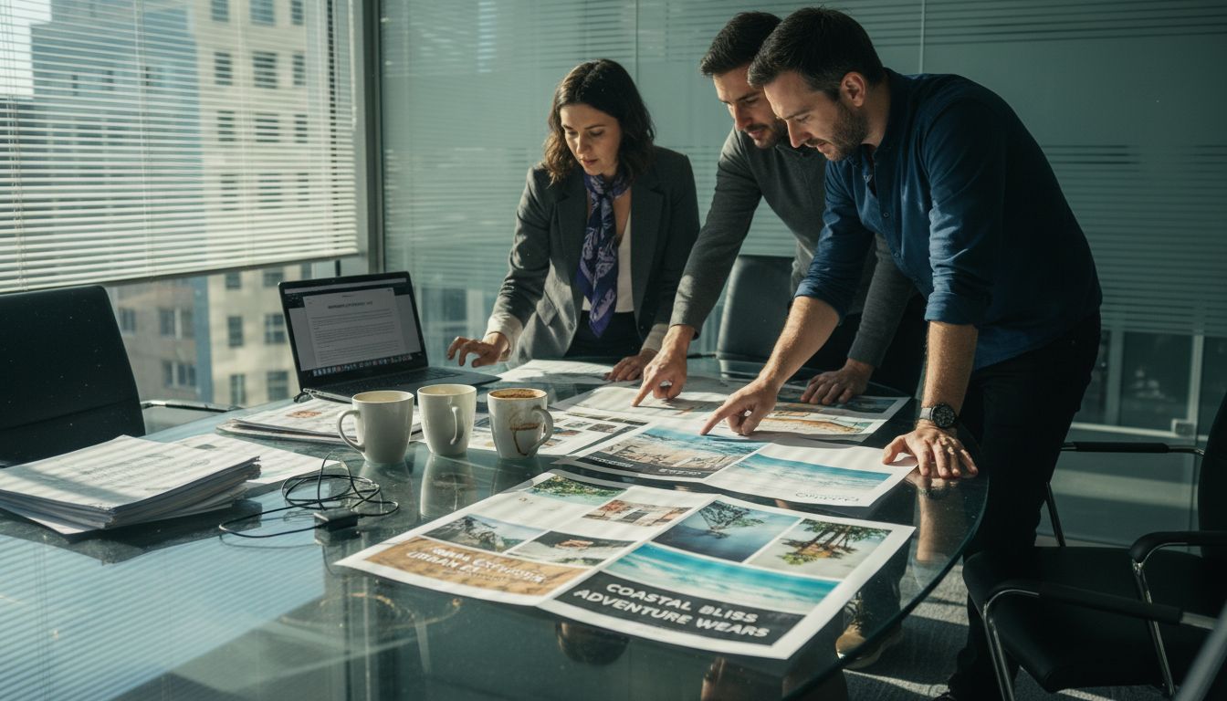 Team discusses printed brand moodboards in meeting