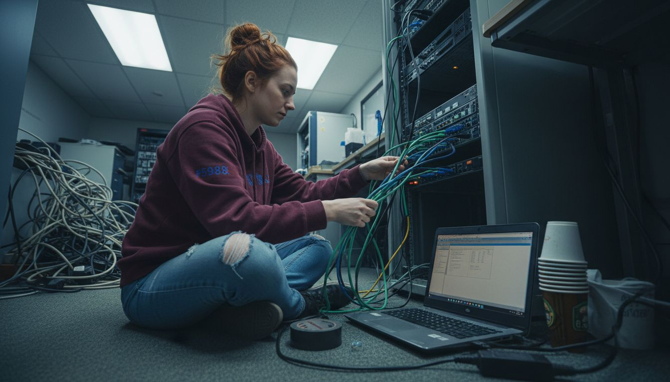 Woman setting up office server equipment