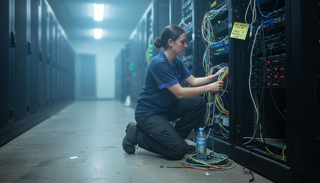 Technician maintaining business website servers