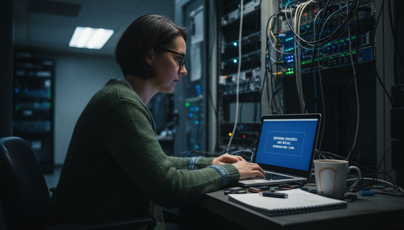 IT manager updating website plugins in server room