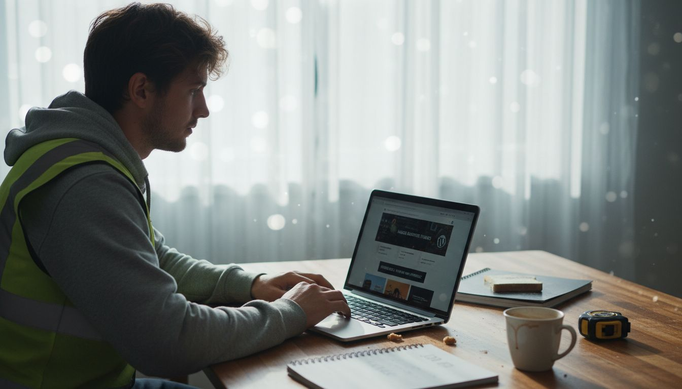 Electrician choosing WordPress theme on laptop