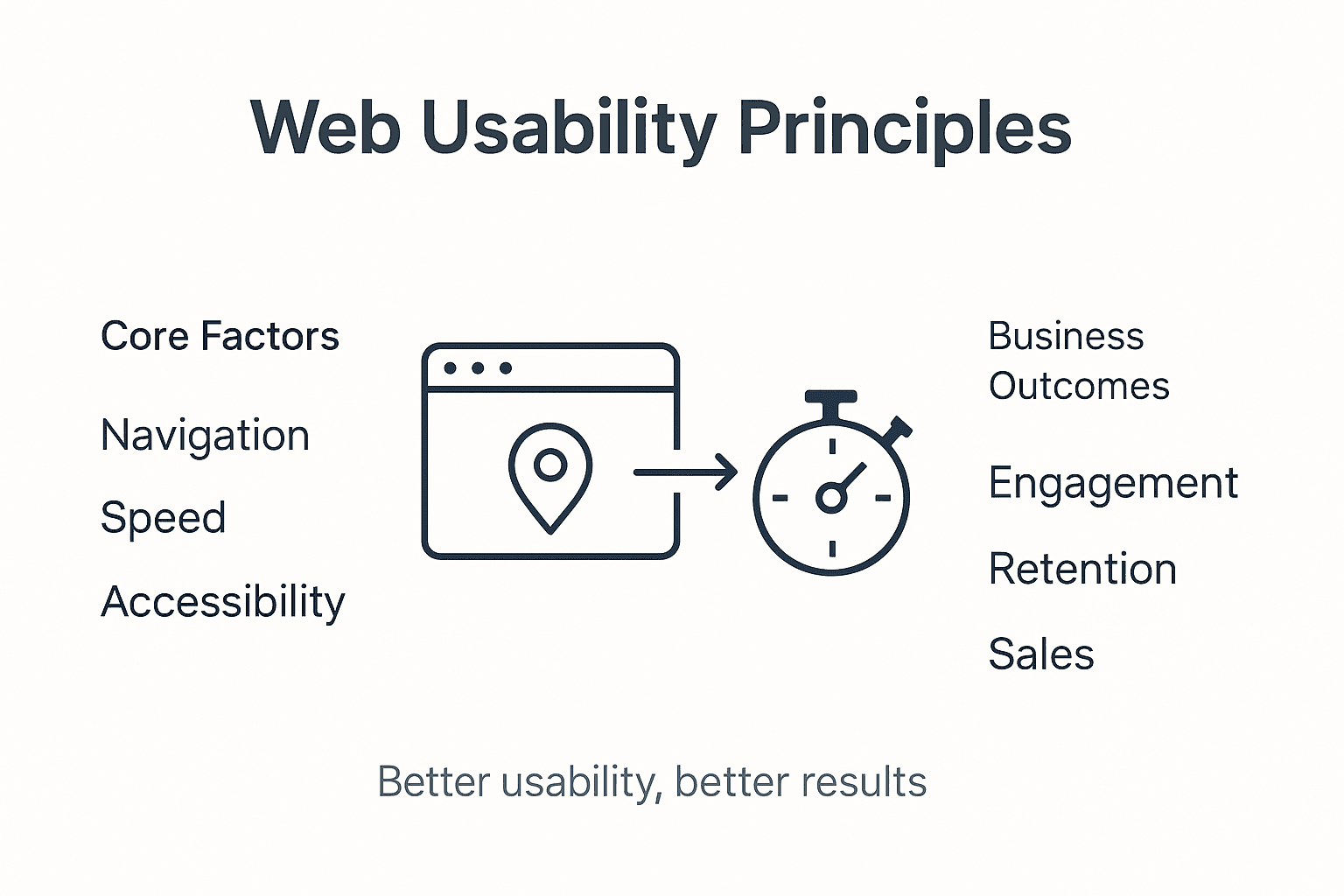 Infographic showing web usability principles and outcomes