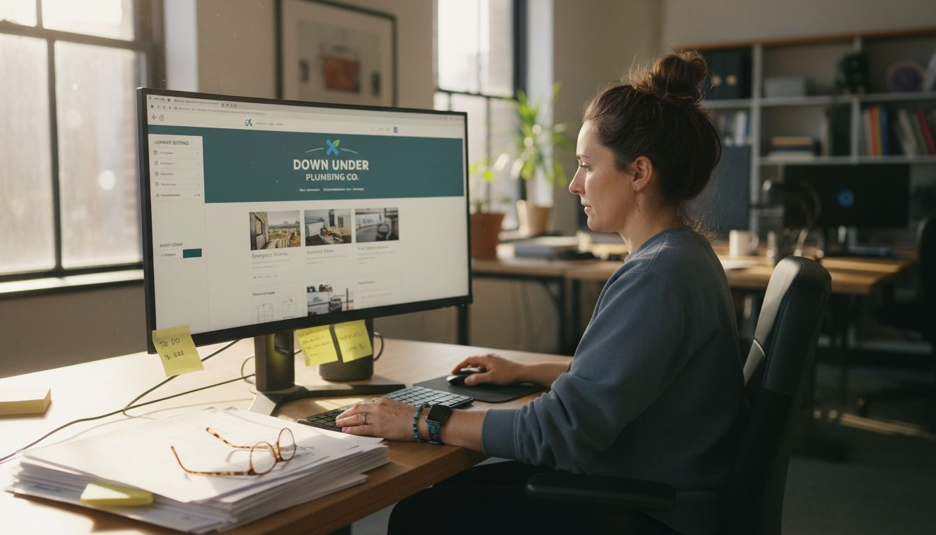 Designer reviewing plumber website interface