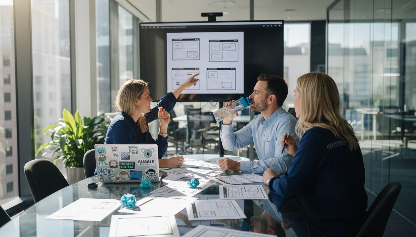 Team reviewing website wireframes in meeting