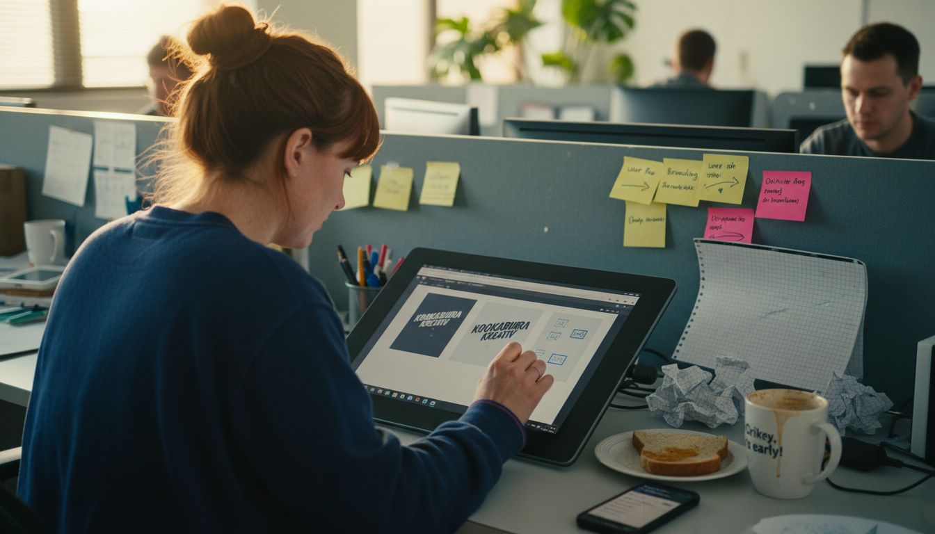 Designer working at messy creative desk