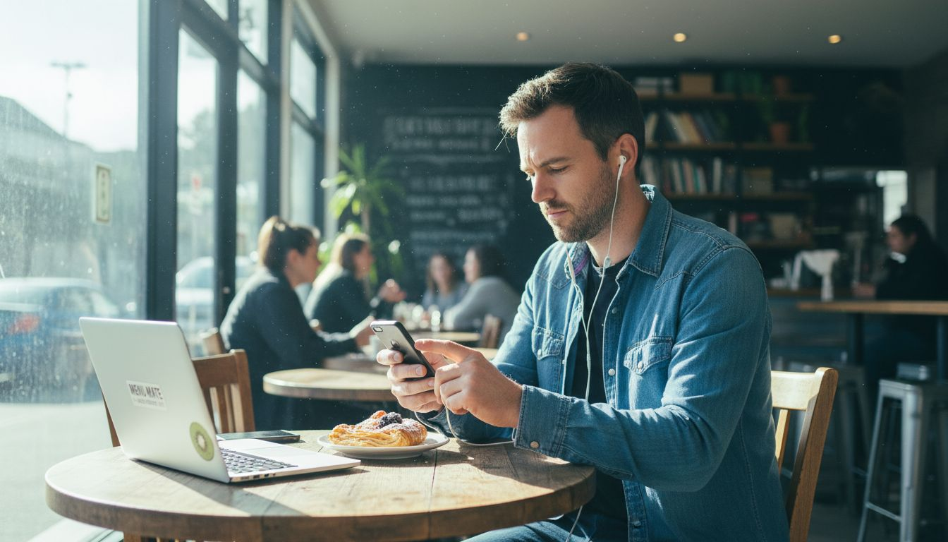 Customer browses mobile site in Wellington cafe