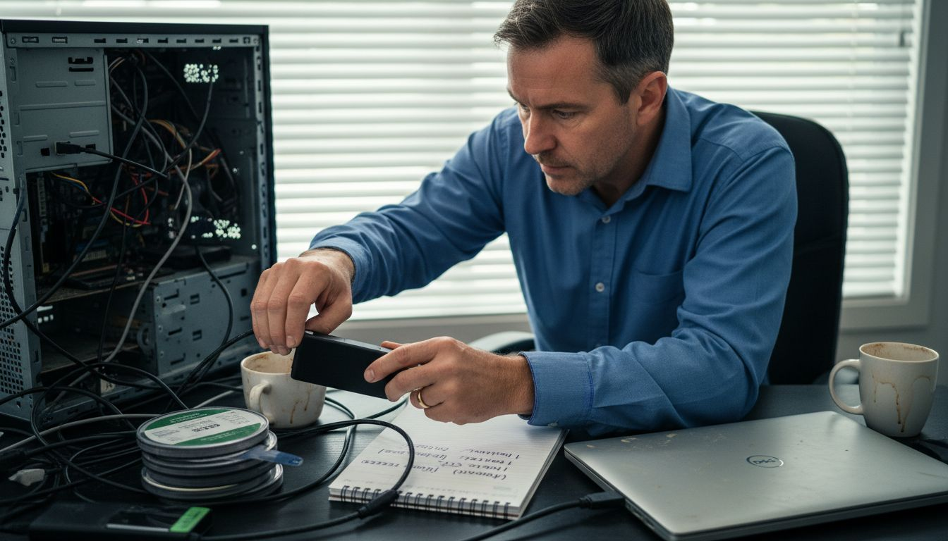 IT specialist connects backup drives at desk