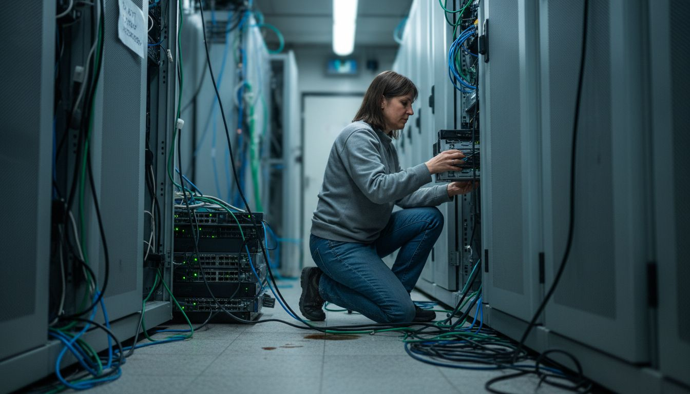 Technician upgrading equipment in server room