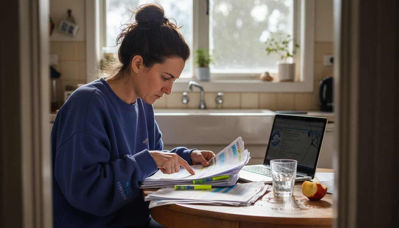 Woman reviewing plumbing website printouts
