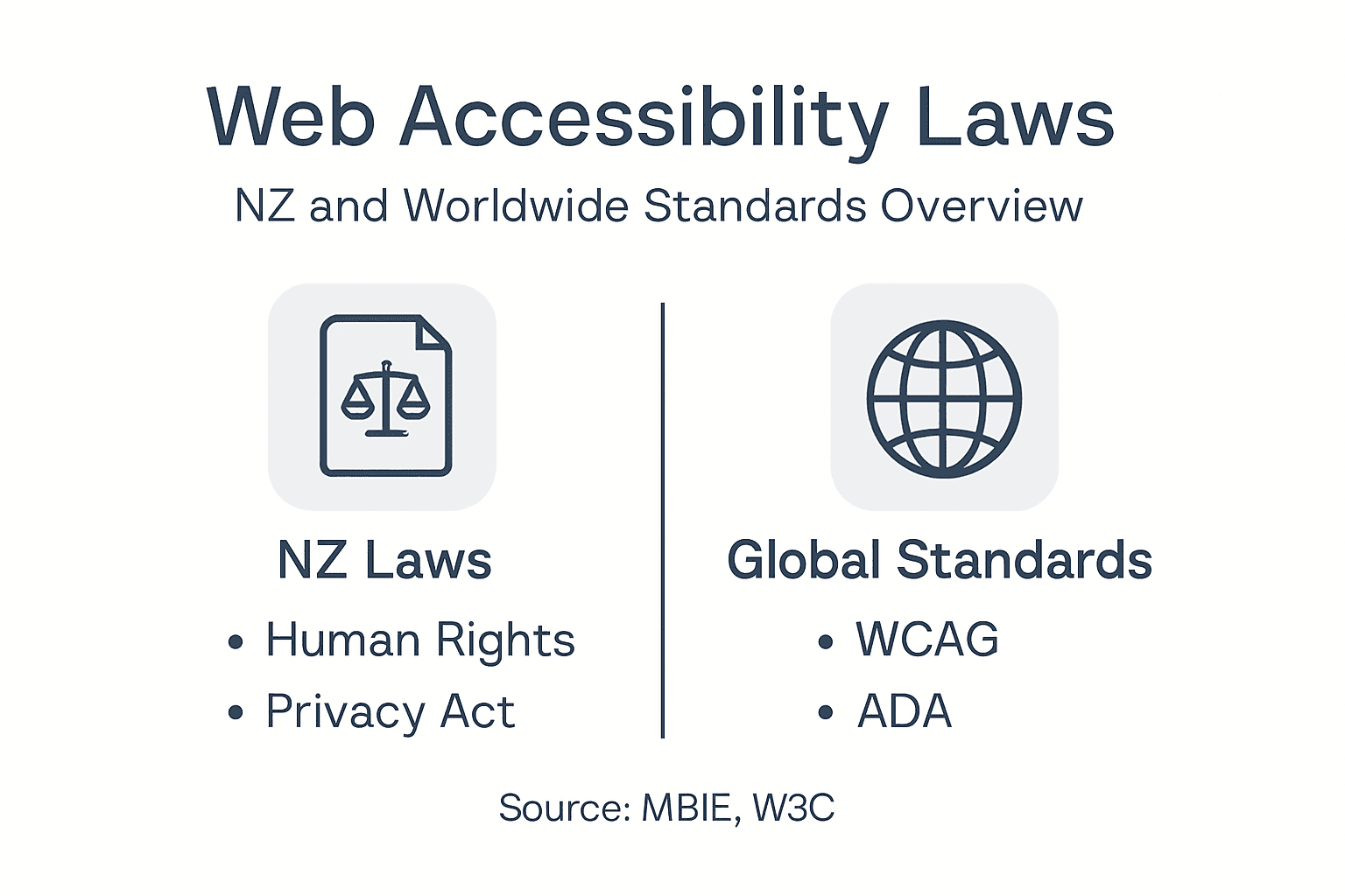 Infographic with NZ laws and global standards for accessibility