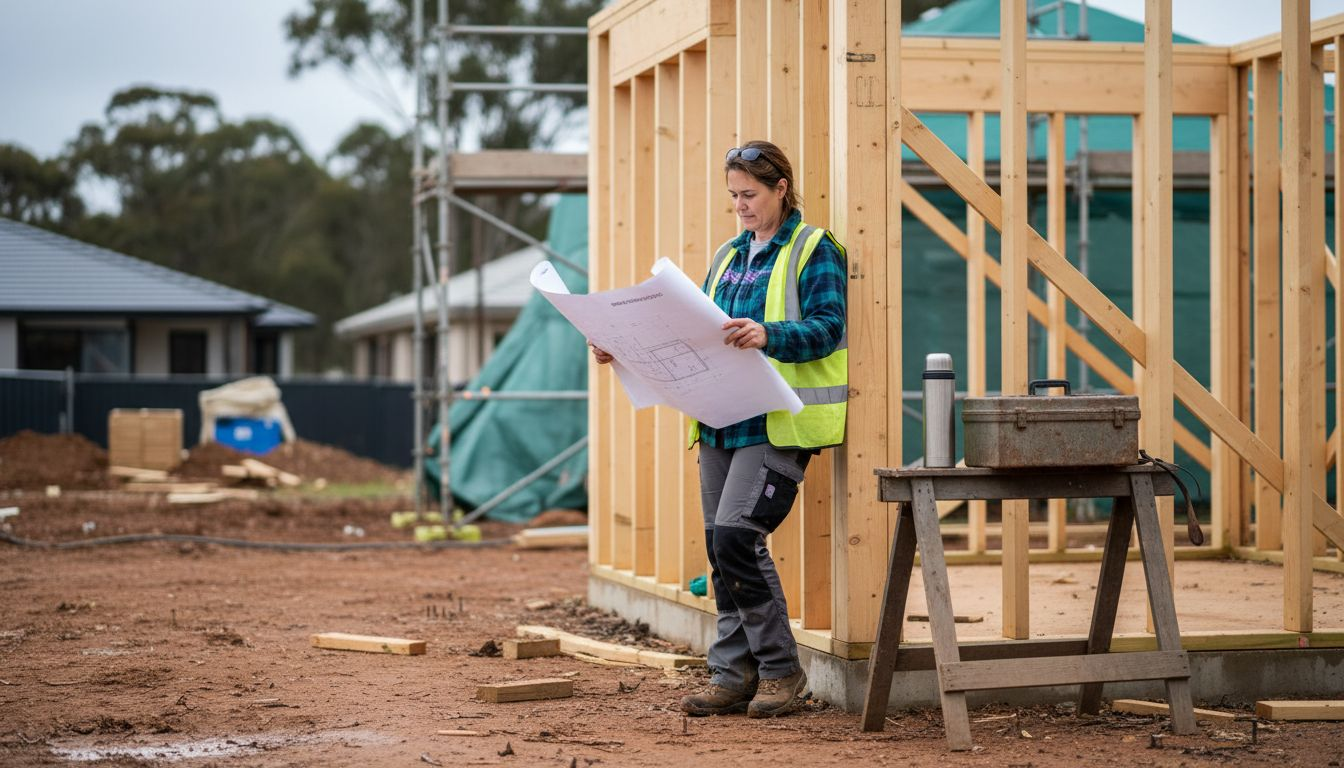 Builder reviewing blueprints at construction site