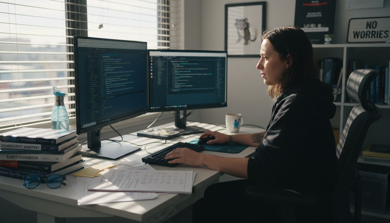 Developer reviewing front end code at desk