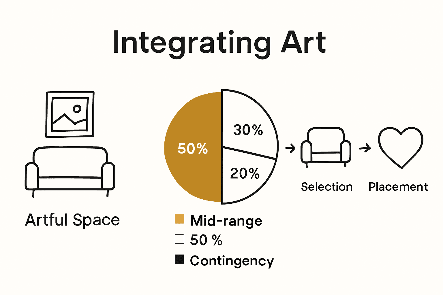 Infographic contrasting rooms with and without art, art budget breakdown, and art integration steps.