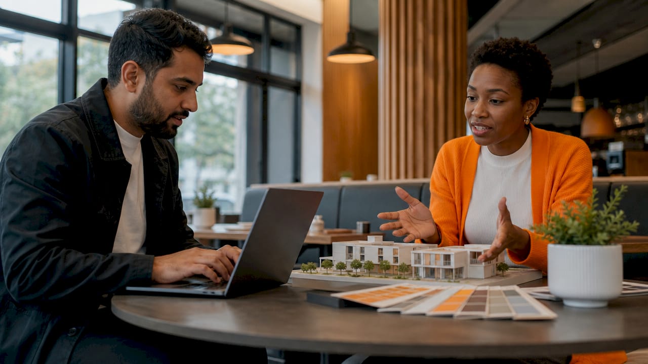 Architects discussing residential scheme model in office