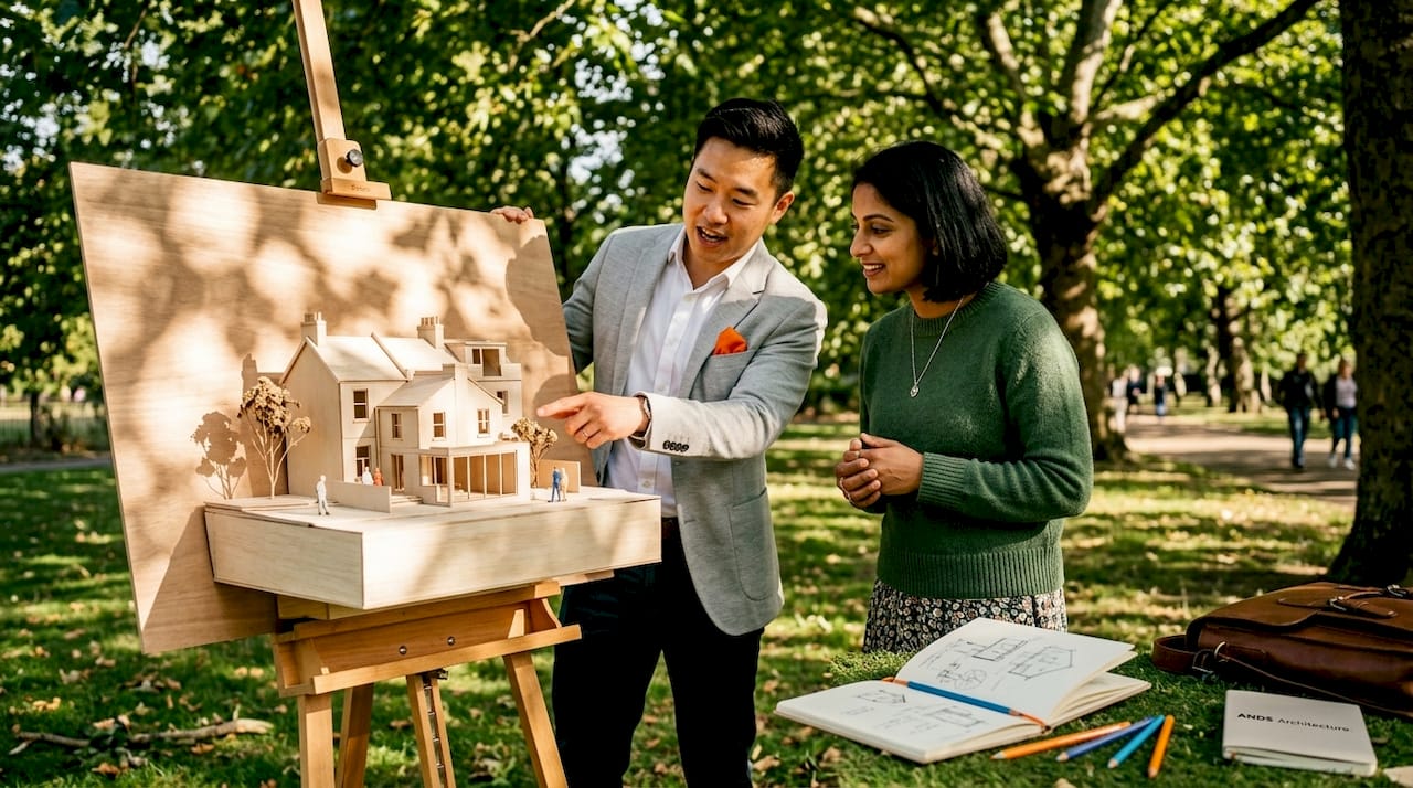 Architect and client discussing scale model indoors