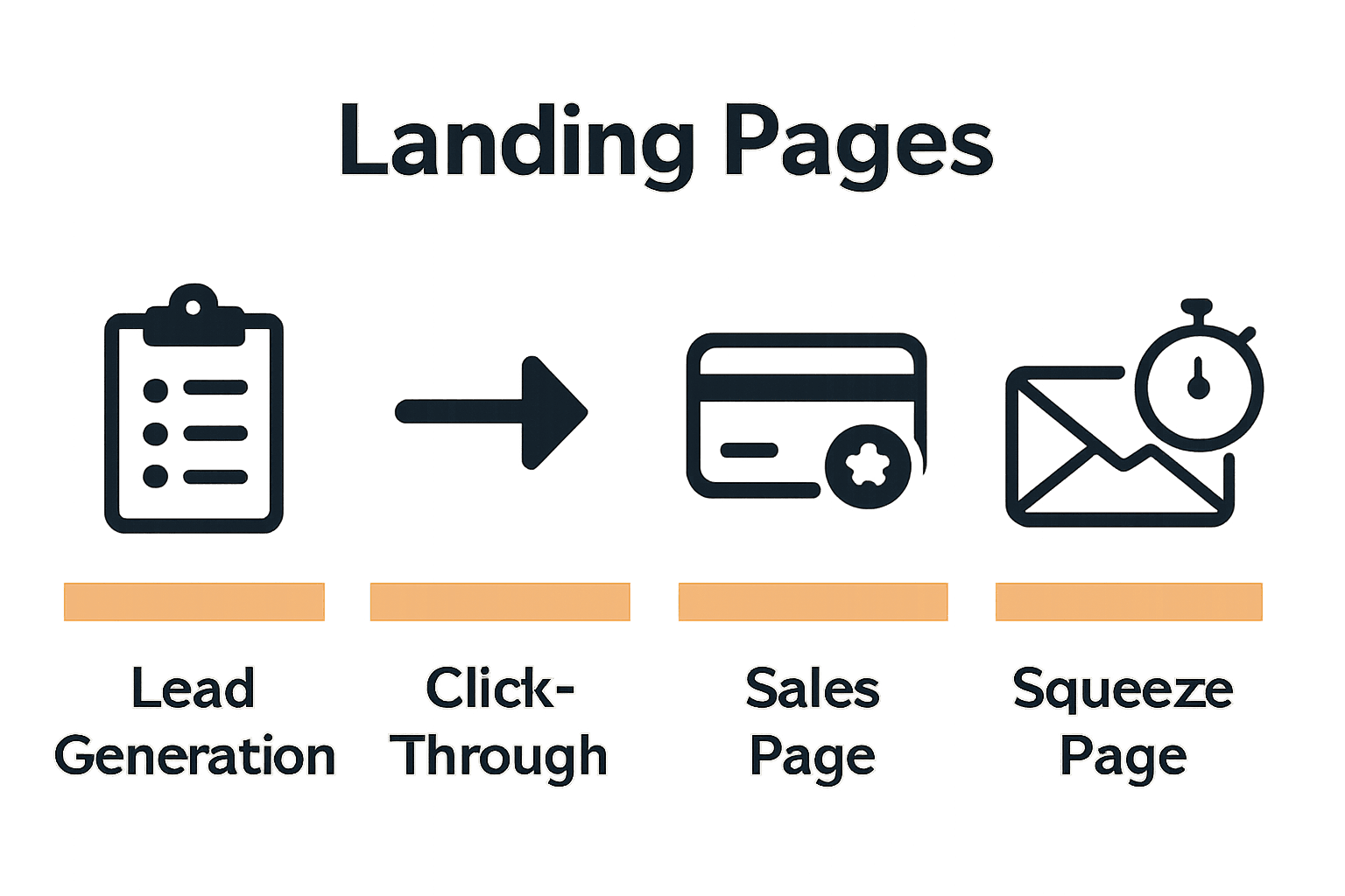 Infographic comparing four main landing page types by goal and features
