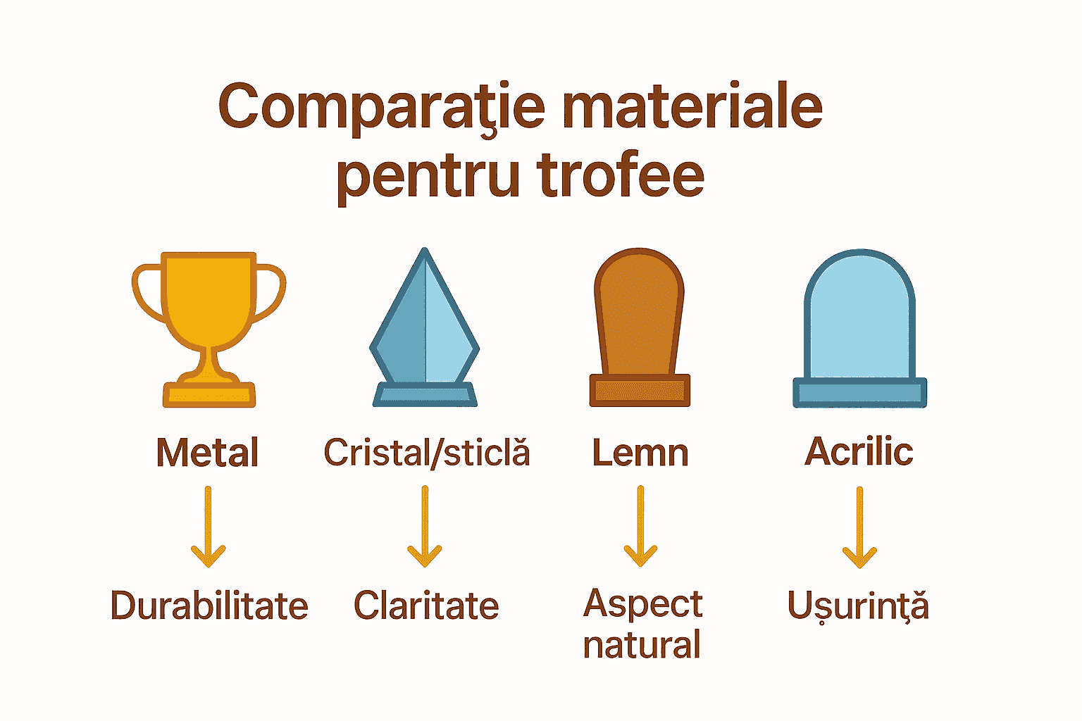 Infografic cu comparația materialelor pentru trofee: metal, sticlă, lemn, acrilic.