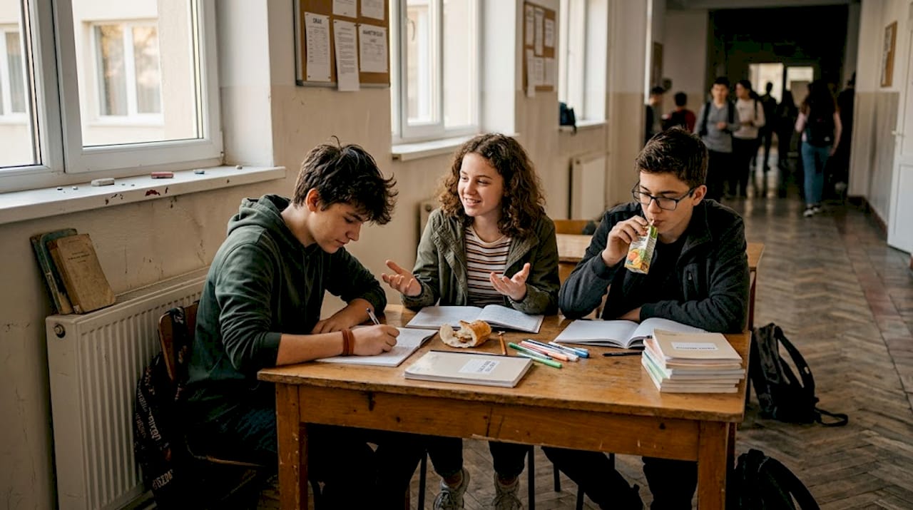 Elevii lucrează împreună la un proiect desfășurat în afara orelor de curs.