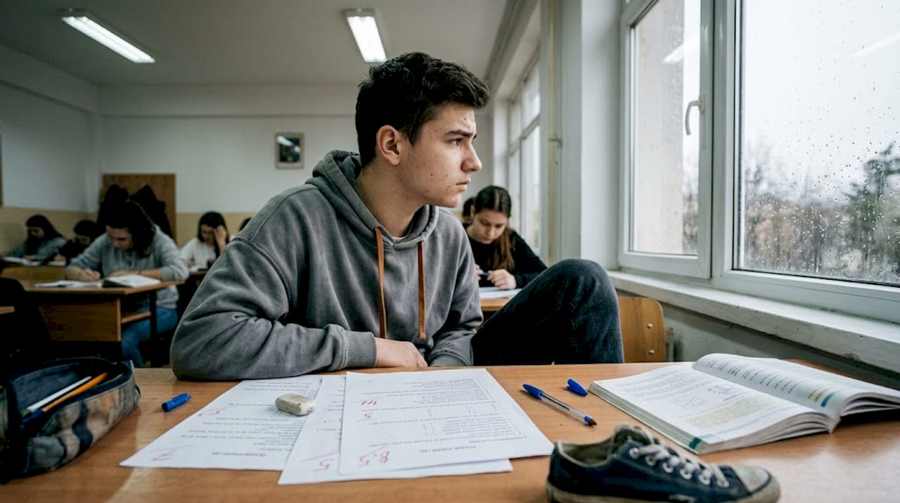 Un elev privește cu îngrijorare foile cu rezultatele la examene, temându-se de ce note a obținut.