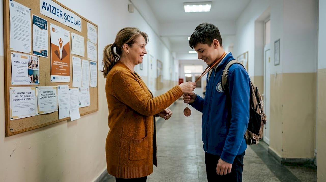 În holul școlii, o profesoară îi oferă unui elev o medalie, felicitându-l pentru rezultatele obținute.