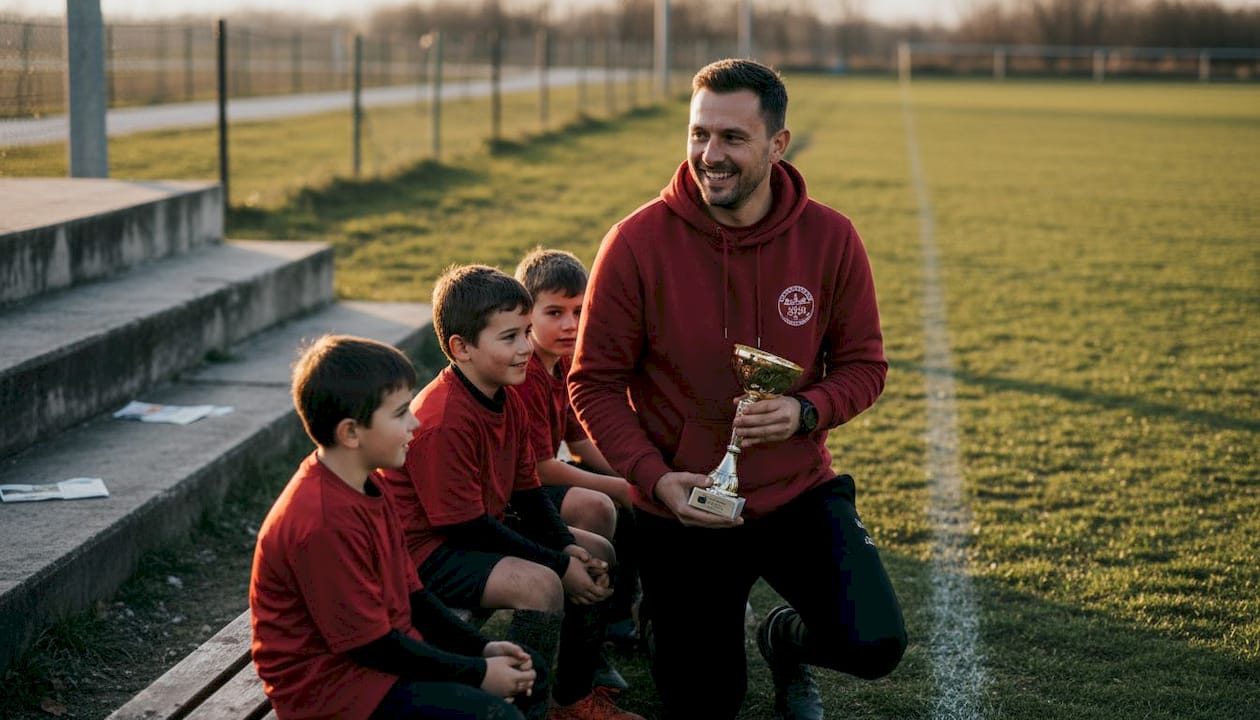 Copiii, plini de entuziasm, alături de antrenorul lor, sărbătoresc lângă trofeul câștigat.