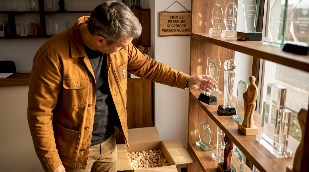 Un bărbat studiază cu atenție trofee realizate din diferite materiale.
