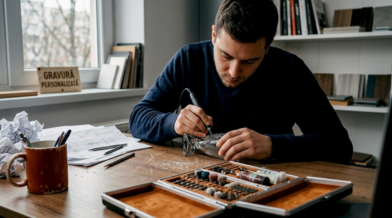 Designerul personalizează trofeul, gravând detalii speciale în atelierul său.