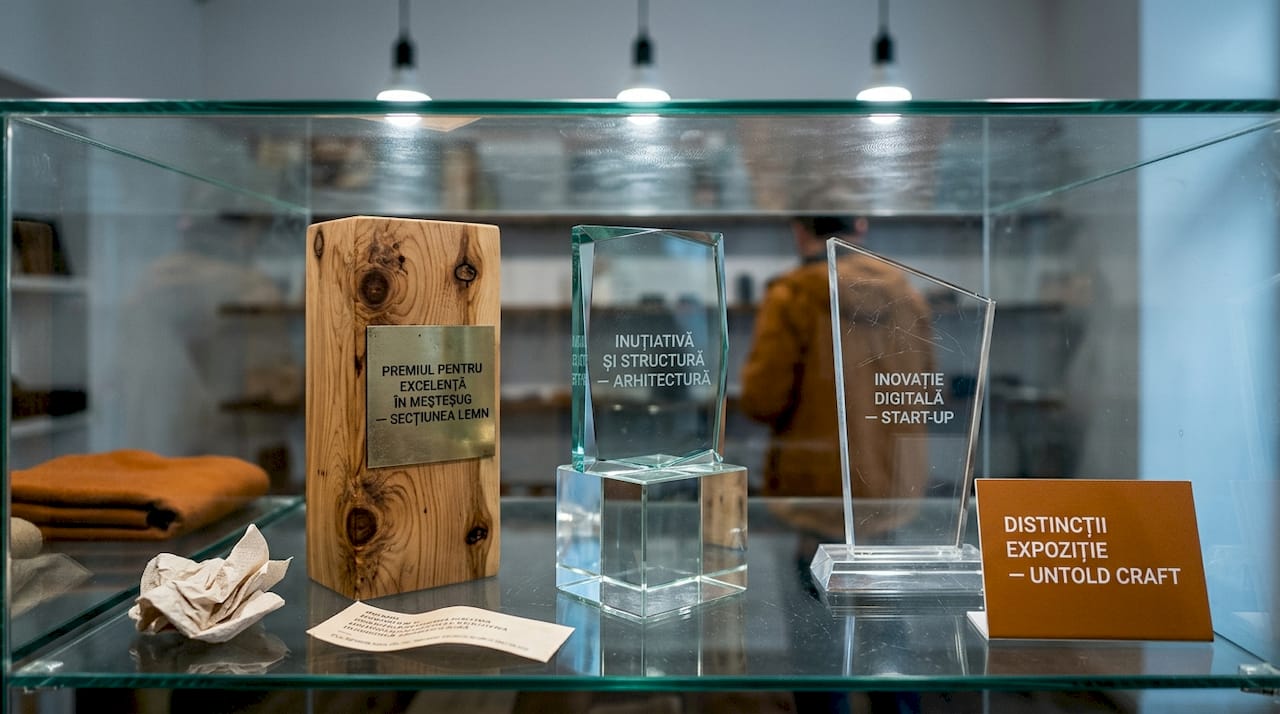 Trei trofee realizate din materiale diferite sunt expuse la vedere.