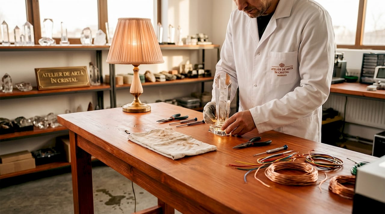 Tehnicianul montează suportul cu LED la baza trofeului din cristal.