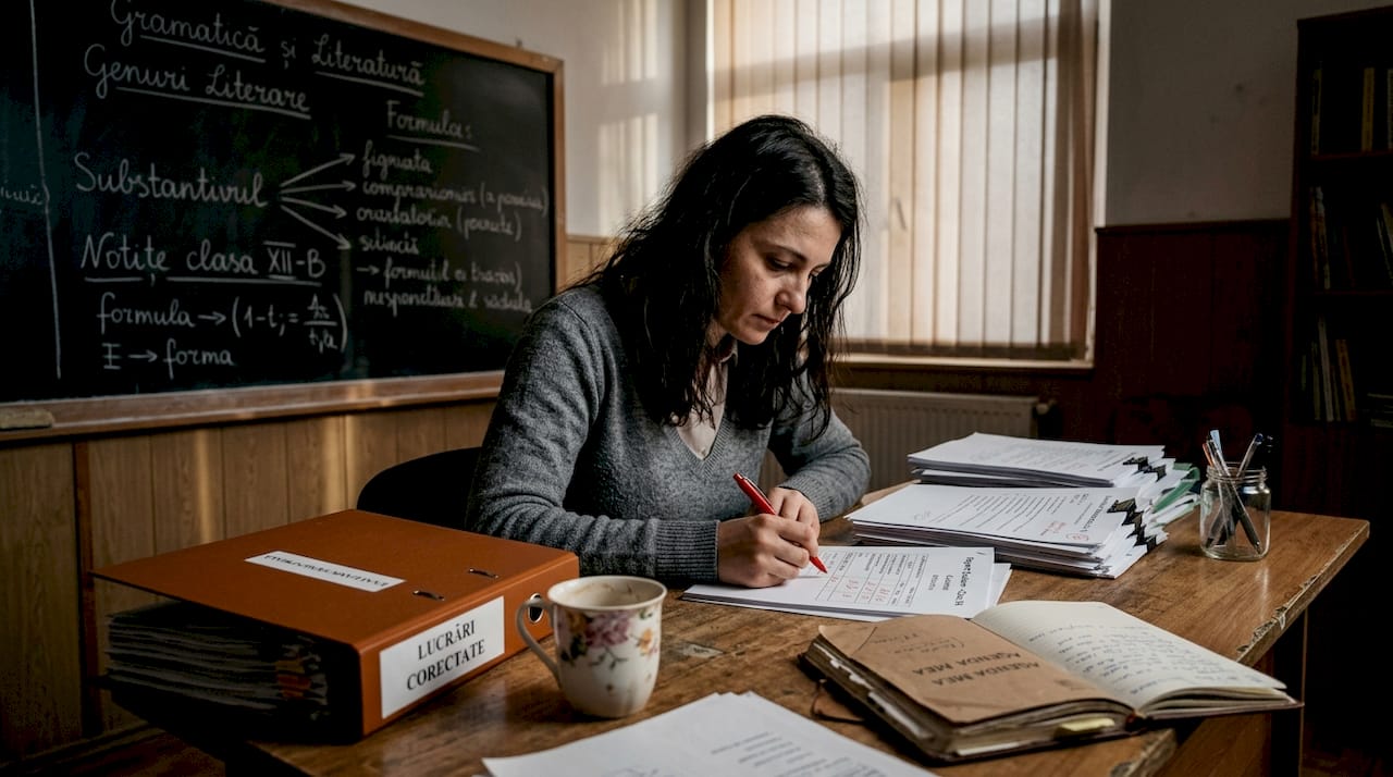 Profesorul analizează rapoartele de notare la birou, verificând cu atenție fiecare detaliu.
