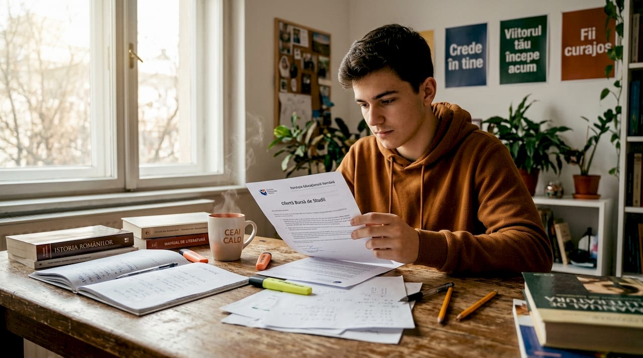 Un student stă la masa din bucătărie, studiind atent o scrisoare de bursă și cântărind cu seriozitate oportunitatea care i se oferă.