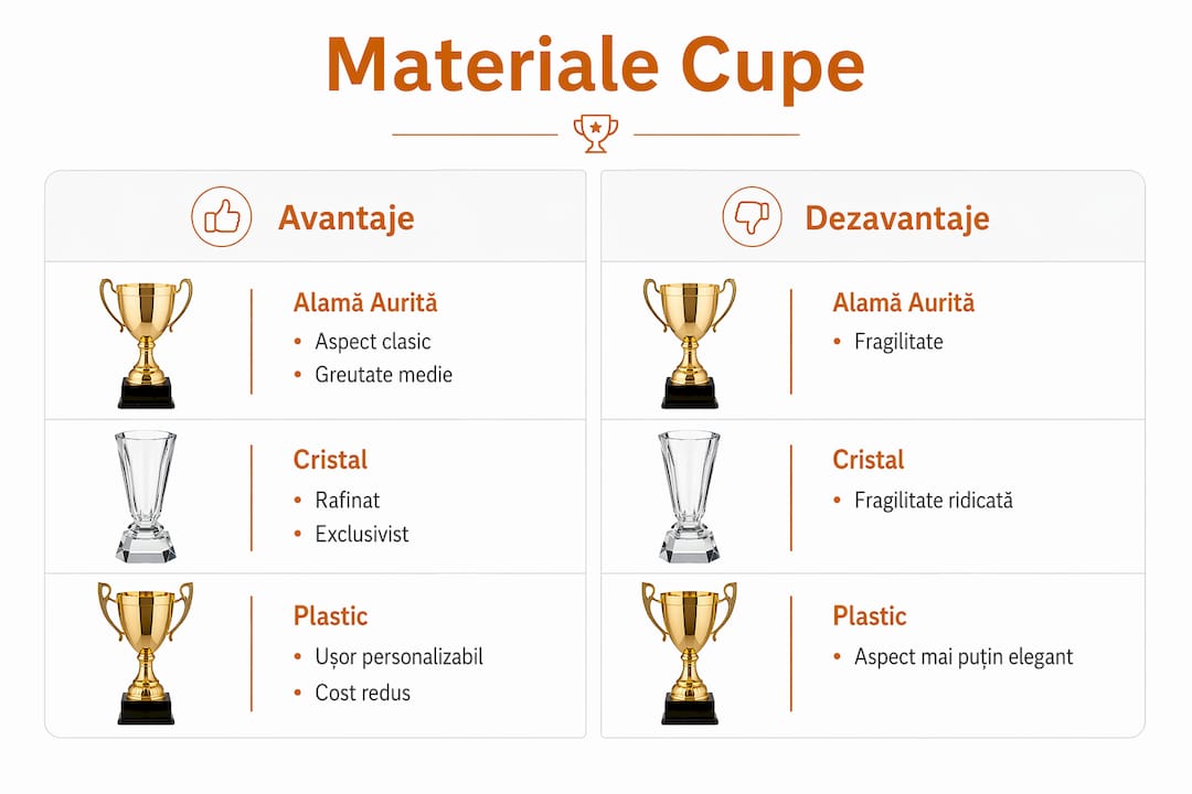 Infografic: tipuri de materiale pentru cupe – plusuri și minusuri pentru fiecare