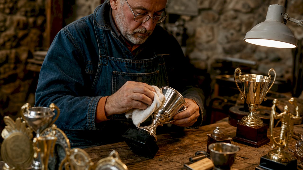 Mâini pricepute șlefuiesc un trofeu într-un atelier plin de pasiune.