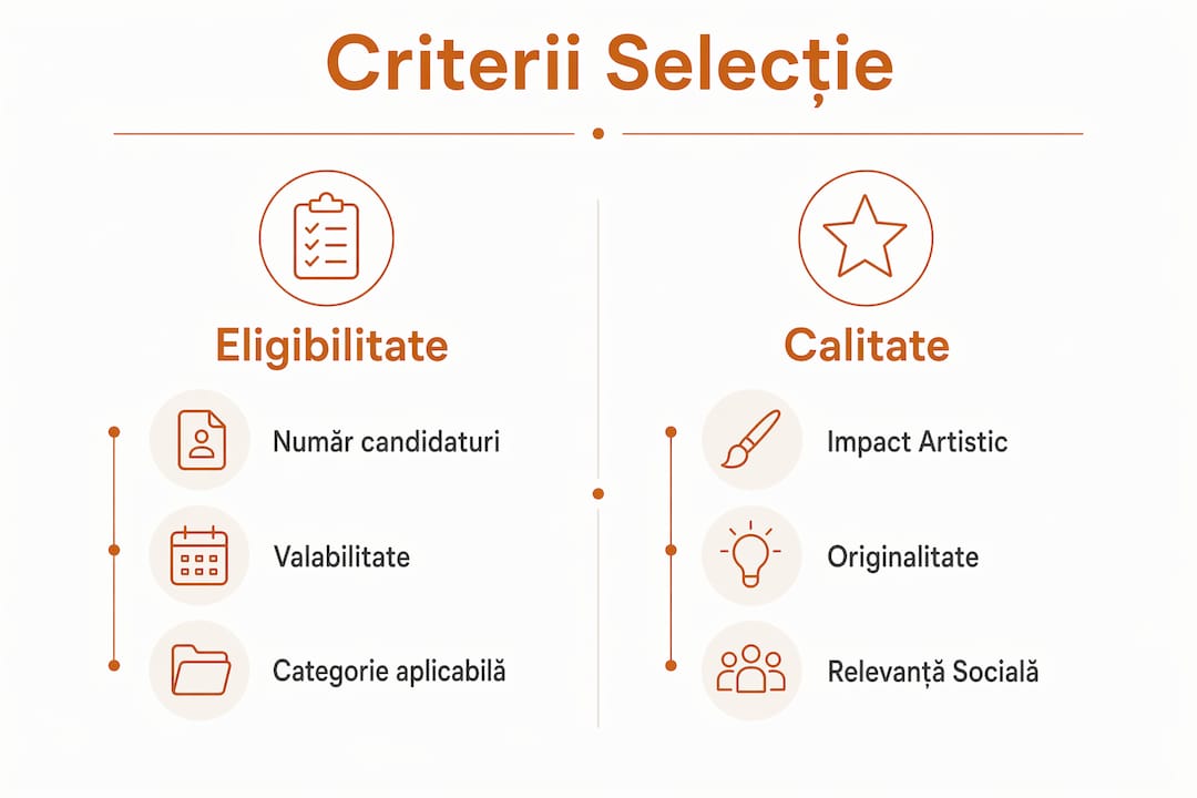 Infografic privind principalele criterii formale și de calitate luate în calcul la selecția pentru gale