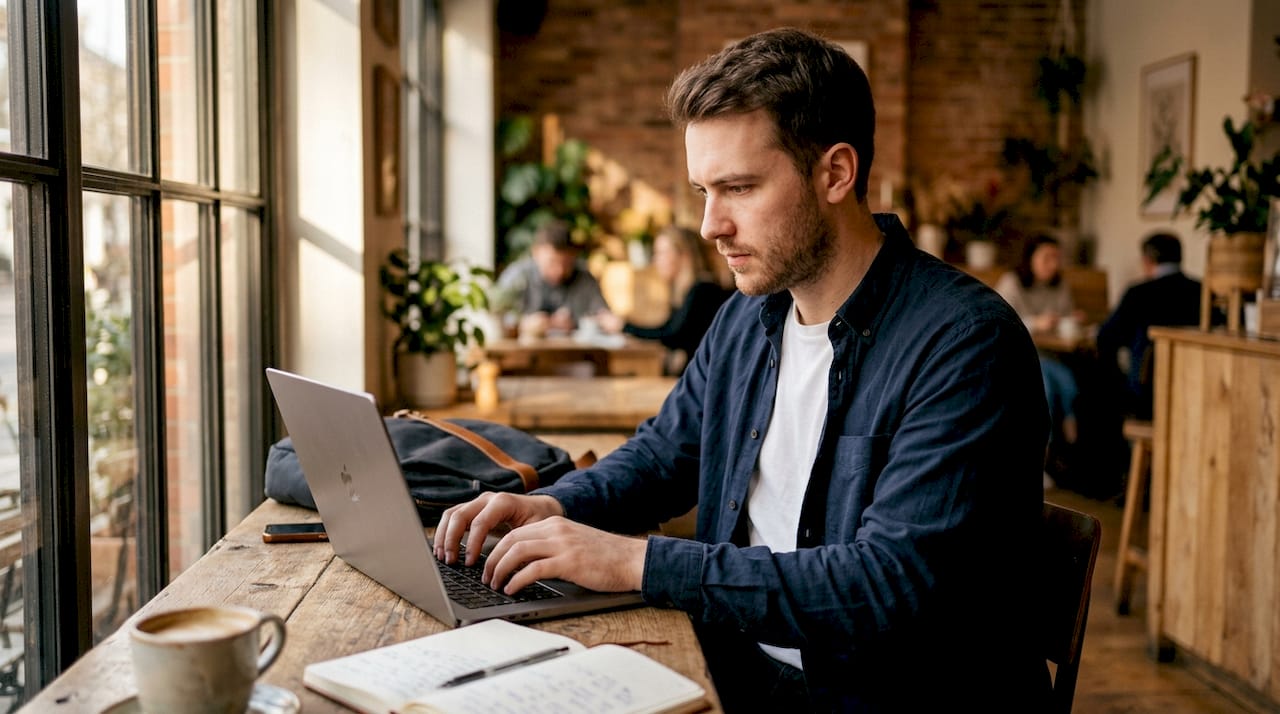 Mâini care tastează la laptop, într-un birou amenajat acasă