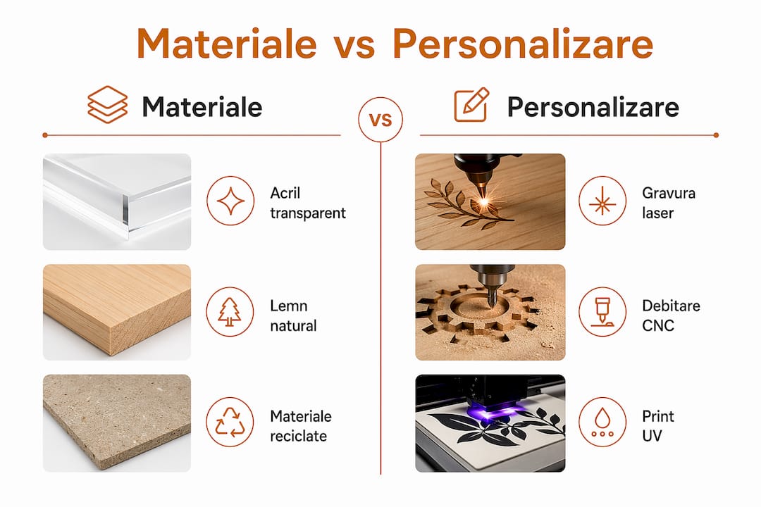Infografic: comparație între tipurile de materiale și metodele de personalizare folosite în realizarea trofeelor