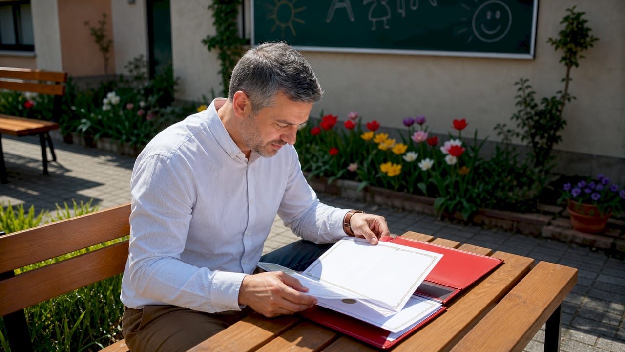 Profesorul așază cu grijă diplomele de premiere pe birou, pregătindu-le pentru festivitate.