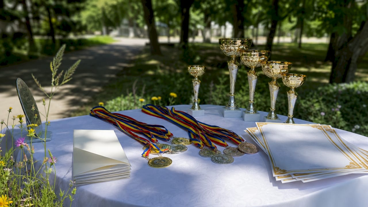 Medalii, trofee și diplome așezate pe masă, surprinse în prim-plan.