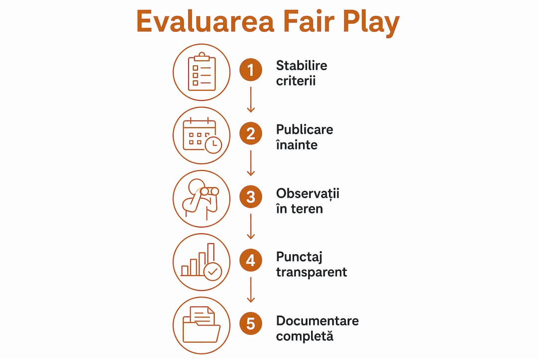 Infografic cu pașii esențiali pentru evaluarea corectitudinii în joc