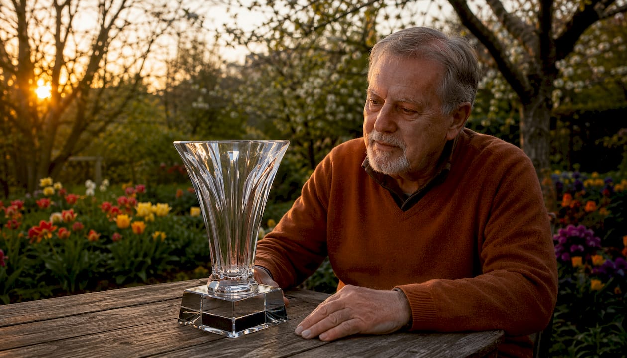 Seniorul stă alături de trofeul din cristal, așezat pe o bază cu fotografie.